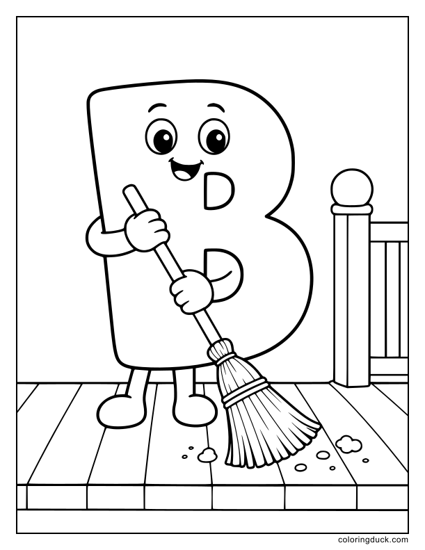 Long-handled cleaning tool moving dust particles alongside a helpful letter.