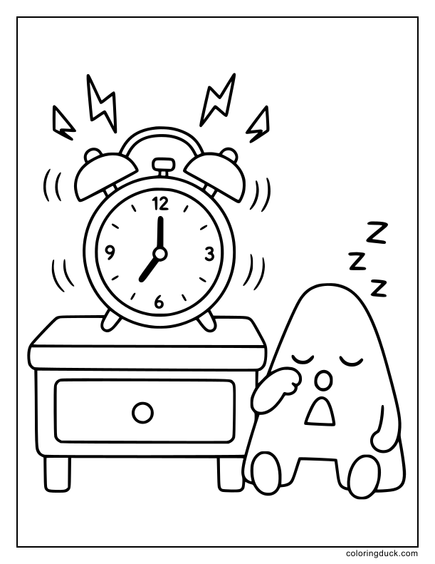 Ringing twin-bell clock waking up a sleepy letter A.