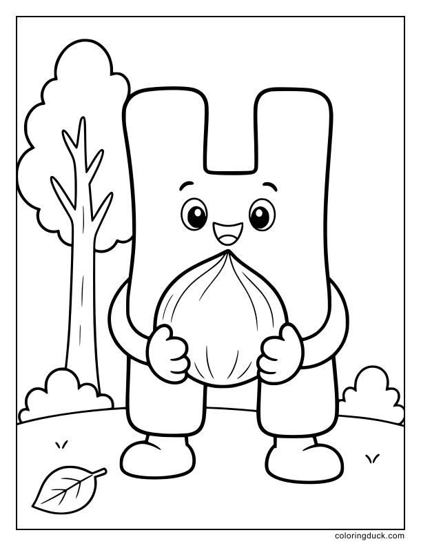 Happy letter H holding a giant, smooth hazelnut proudly in its hands.
