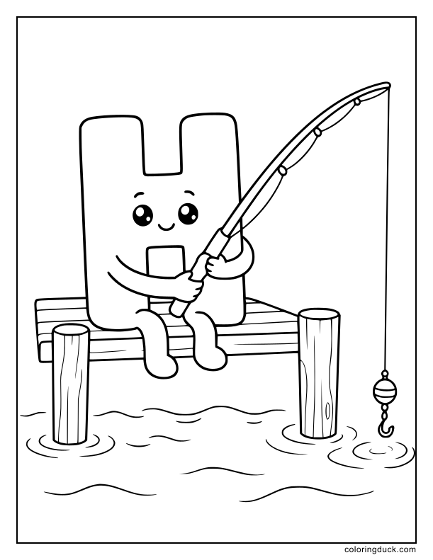 Patient letter H holding a fishing rod, waiting for a tug on the hooked line.