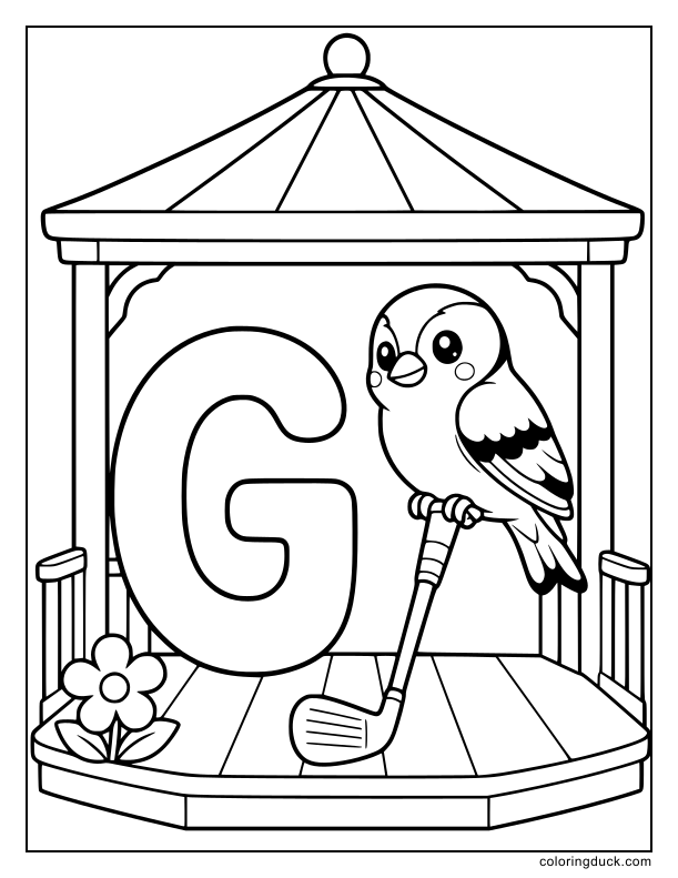Little goldfinch resting on a golf club leaning on a large letter G.
