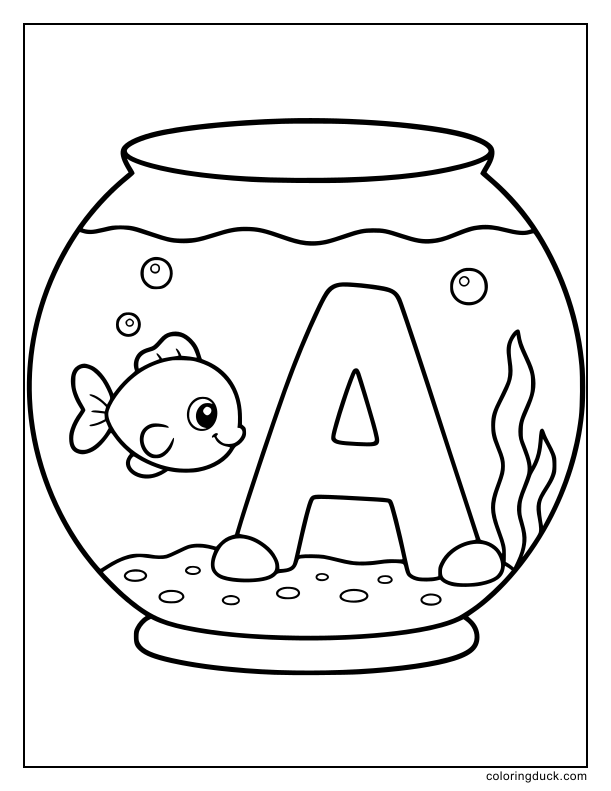 Simple glass bowl with one little fish swimming around a sunken letter A.