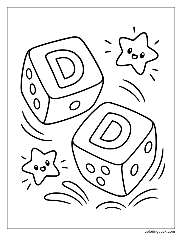 Two oversized fluffy dice tumbling down with the letter D boldly printed on their faces.