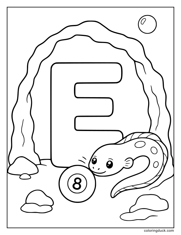 Eel nudging a toy eight-ball around a sunken letter E.