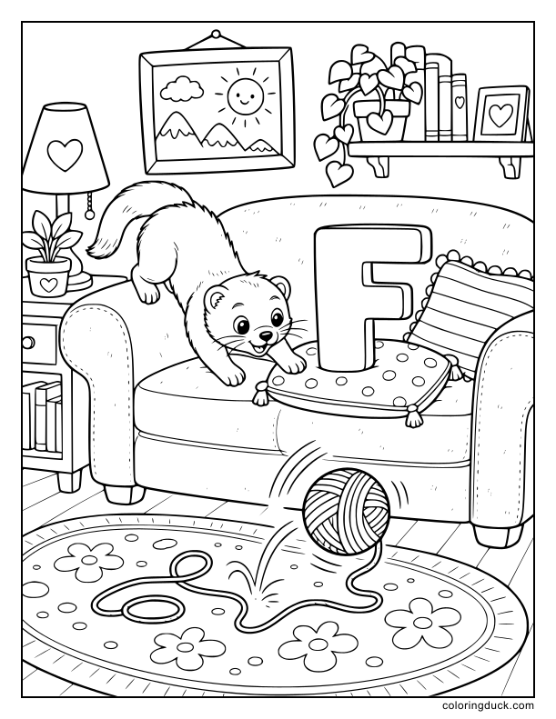 Curious ferret climbing over a sofa to chase a ball of yarn.