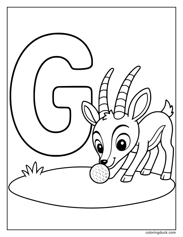 Playful gazelle rolling a golf ball with its nose beside a big G.