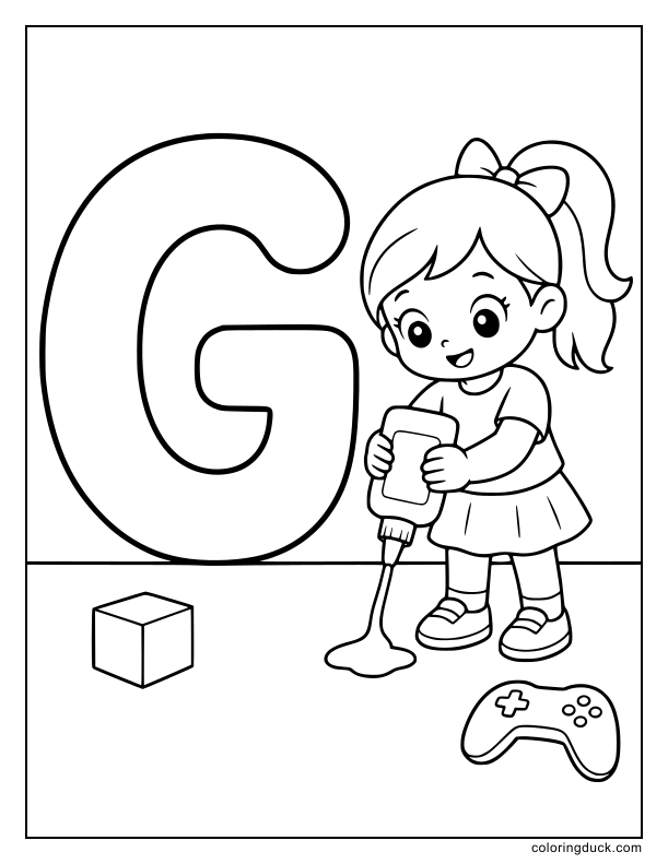 Little girl squeezing a bottle of glue next to a big letter G.