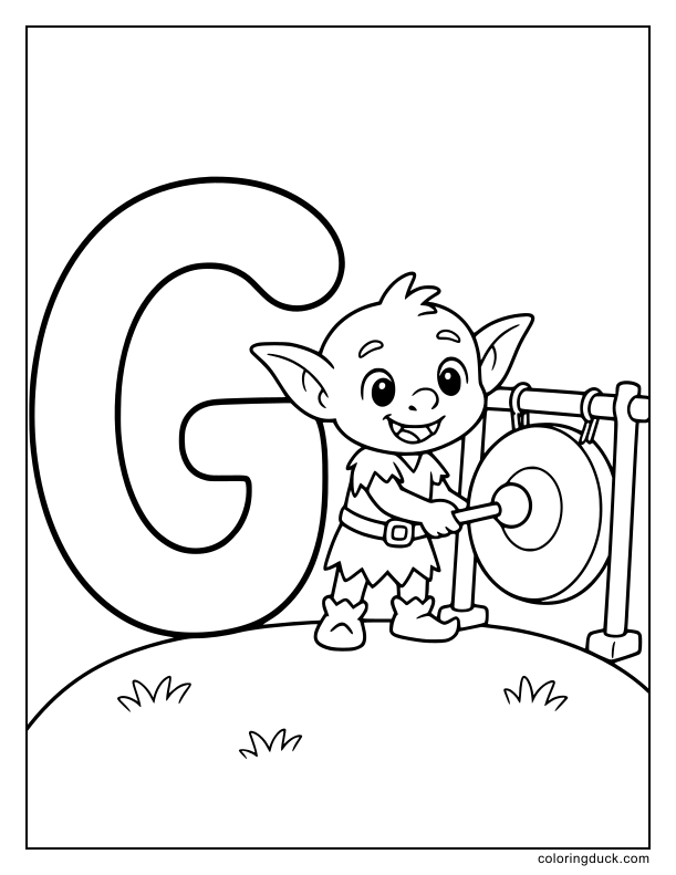 Friendly goblin hitting a round gong next to a giant letter G.