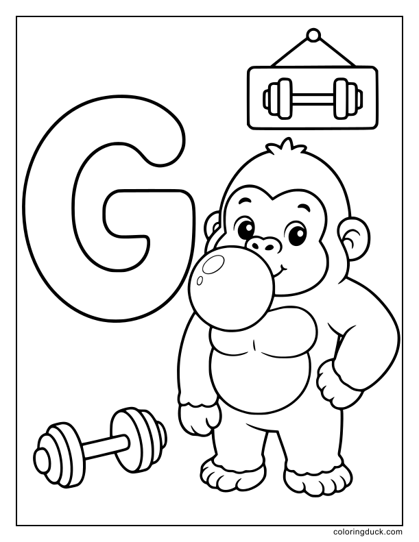 Playful gorilla blowing a huge bubblegum bubble next to the letter G.