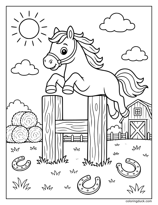 Beautiful horse jumping gracefully over a sturdy wooden letter H in a sunny farm hayfield.