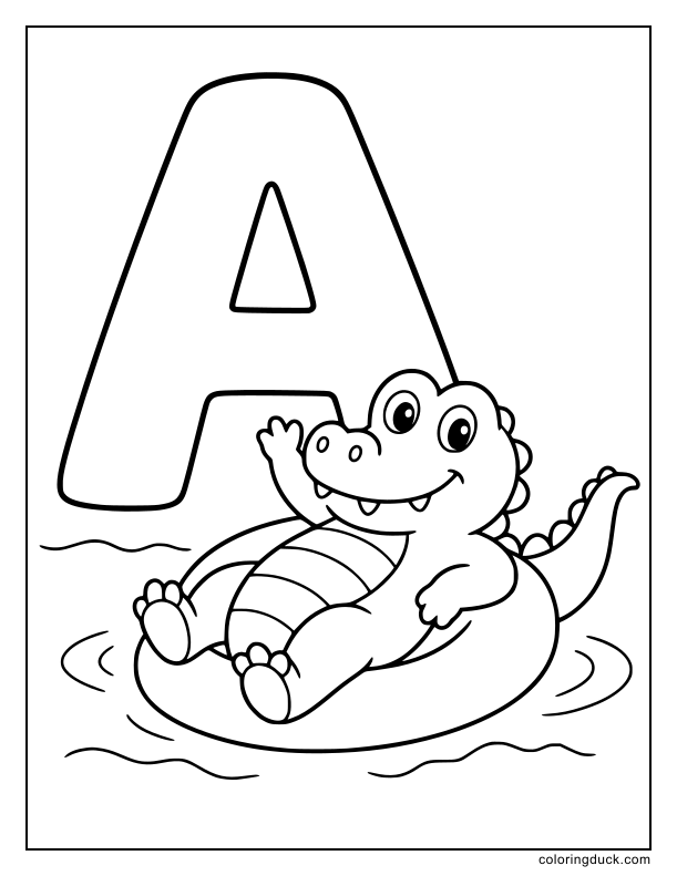 Cute chubby alligator resting happily beside a massive uppercase letter A.