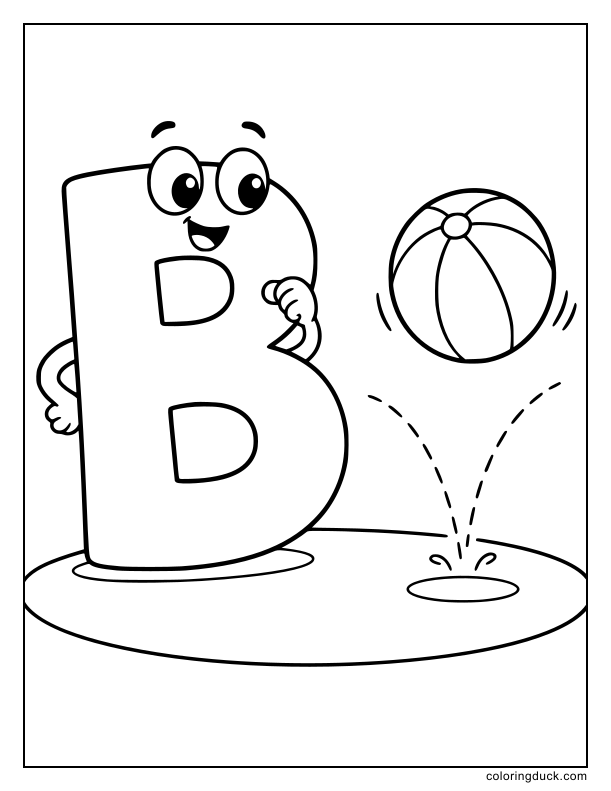 Striped toy sphere rebounding near a bold alphabet shape.