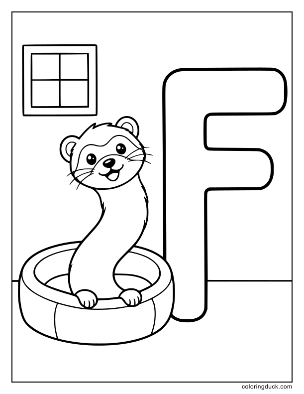 Long wiggly ferret popping out of a pet bed beside a giant letter F.