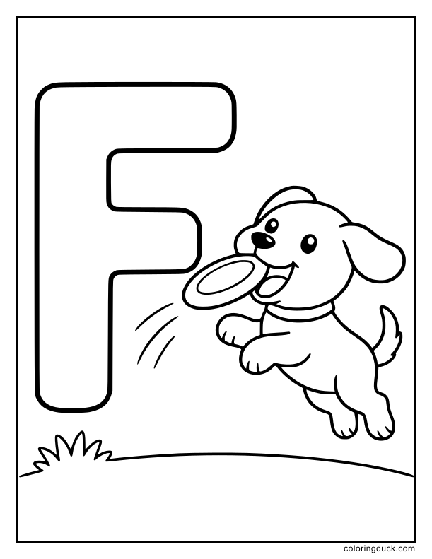 Happy dog catching a flying frisbee right next to a giant letter F.
