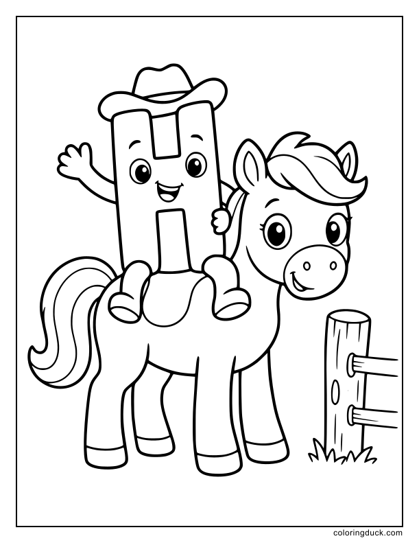 Adventurous letter H sitting cheerfully on the back of a cute pony.