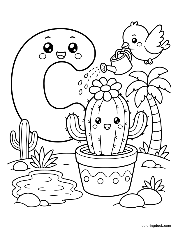 Potted cactus plant with a blooming flower beside a friendly letter C.
