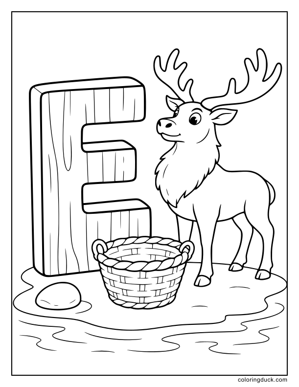 Proud elk guarding an empty basket near a wooden letter E.