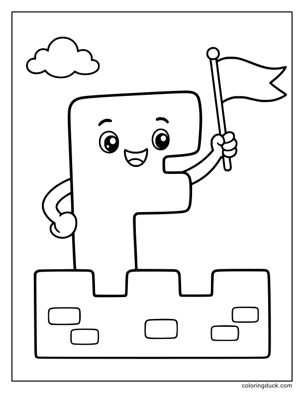 Giant letter F holding a waving pennant flag on a castle wall.