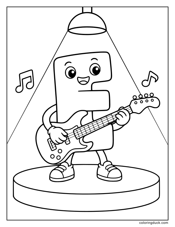 Rock star letter E strumming a cool electric guitar under a spotlight.
