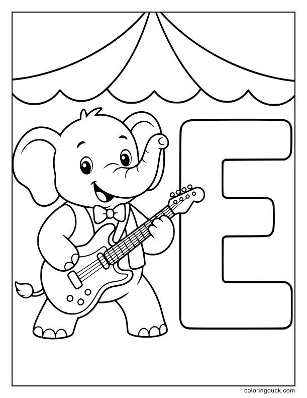 Inside a circus tent, a big elephant plays an electric guitar next to a huge letter E.