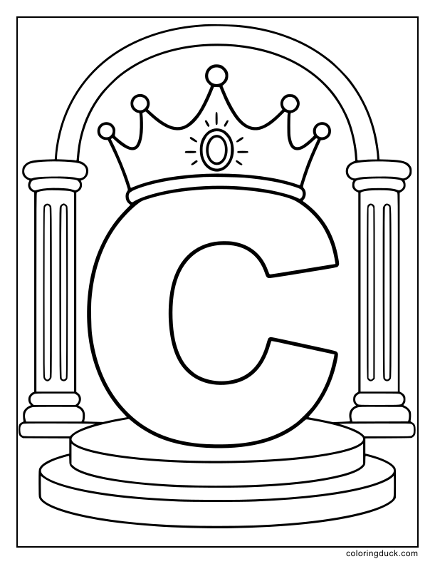 Inside the throne room, a shining royal crown resting on a giant letter C.