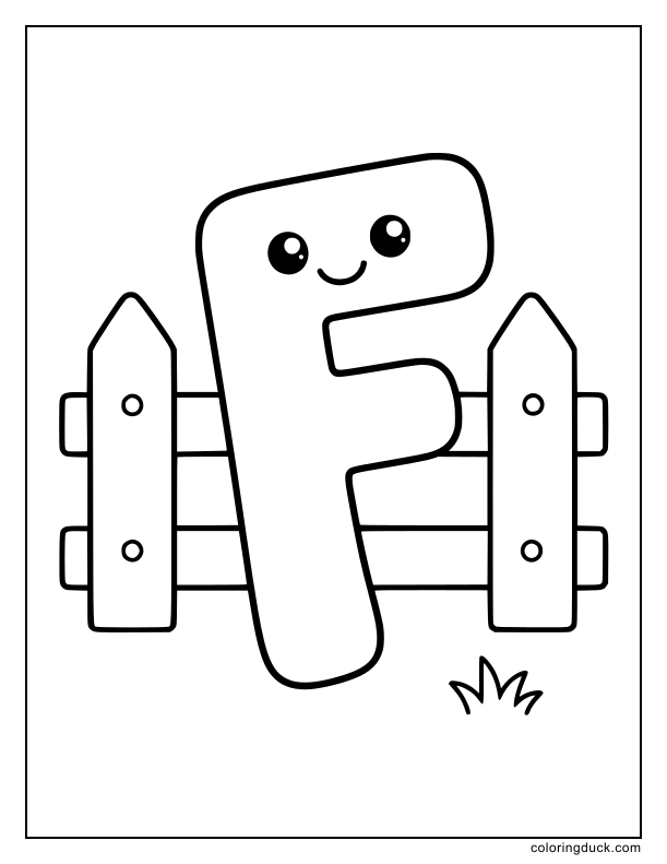 Big friendly letter F leaning comfortably against a wooden picket fence.