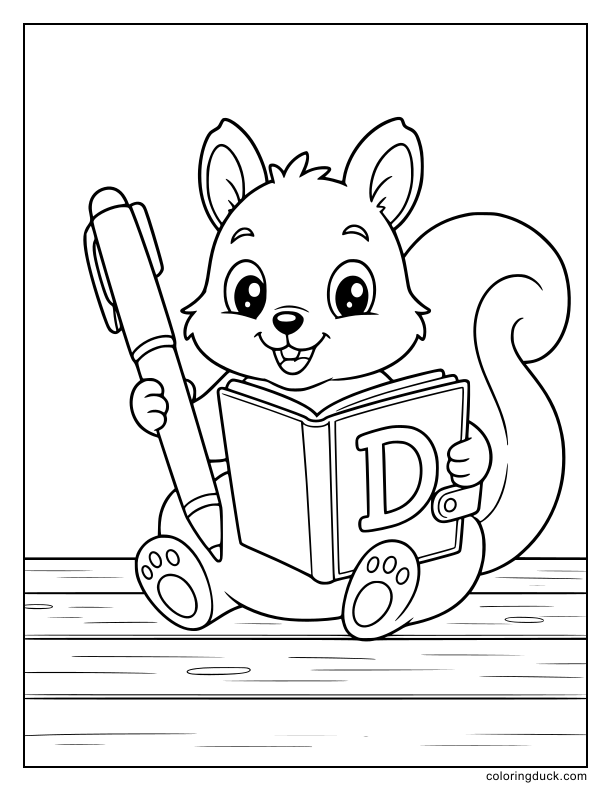 Little squirrel holding a huge pen and a diary notebook with a big letter D.