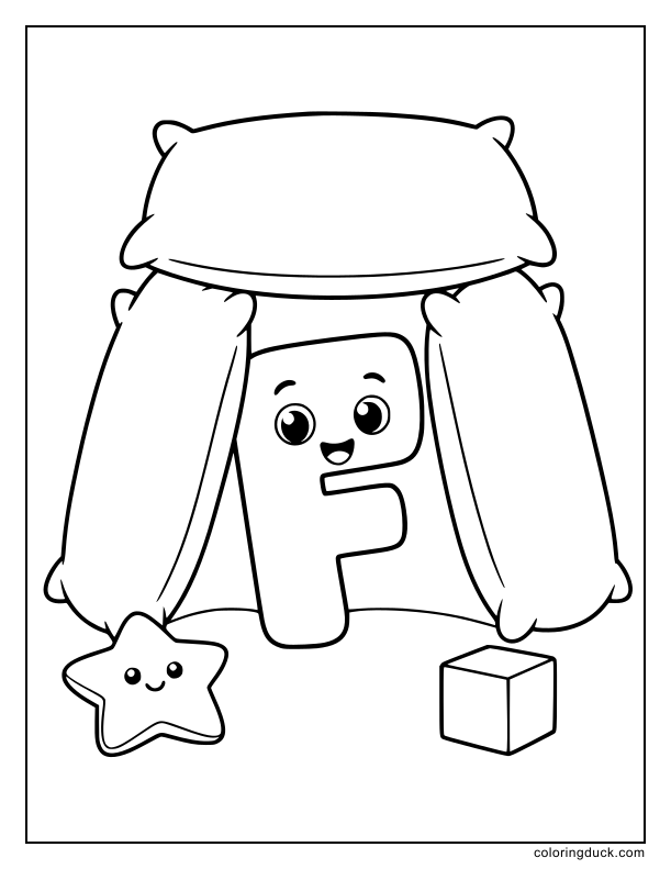 Giant letter F hiding inside a simple pillow fort.