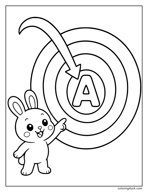Long curved arrow pointing directly at a bold letter A on a simple bullseye.