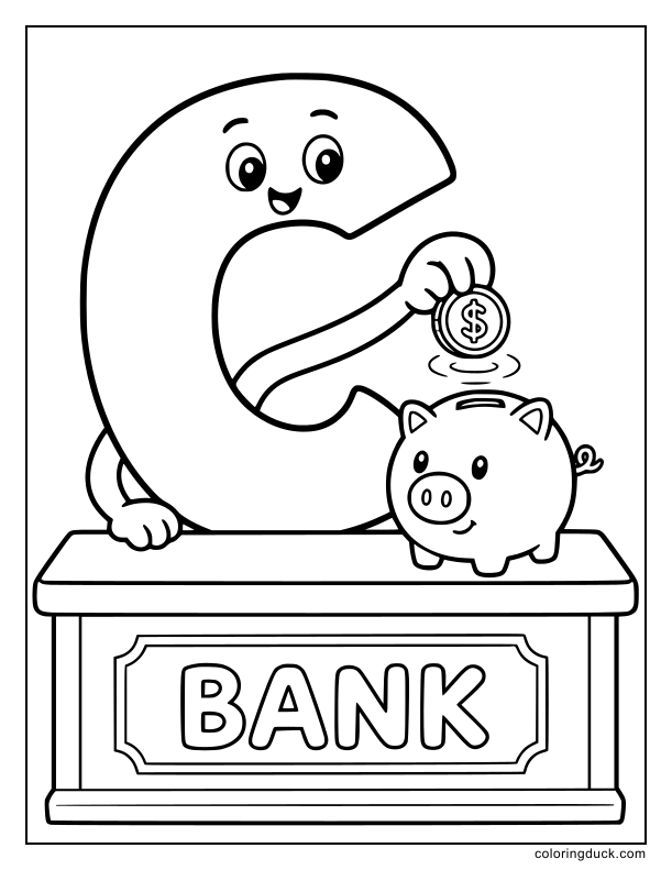 Shiny coin dropping into a cute piggy bank while a letter C watches.