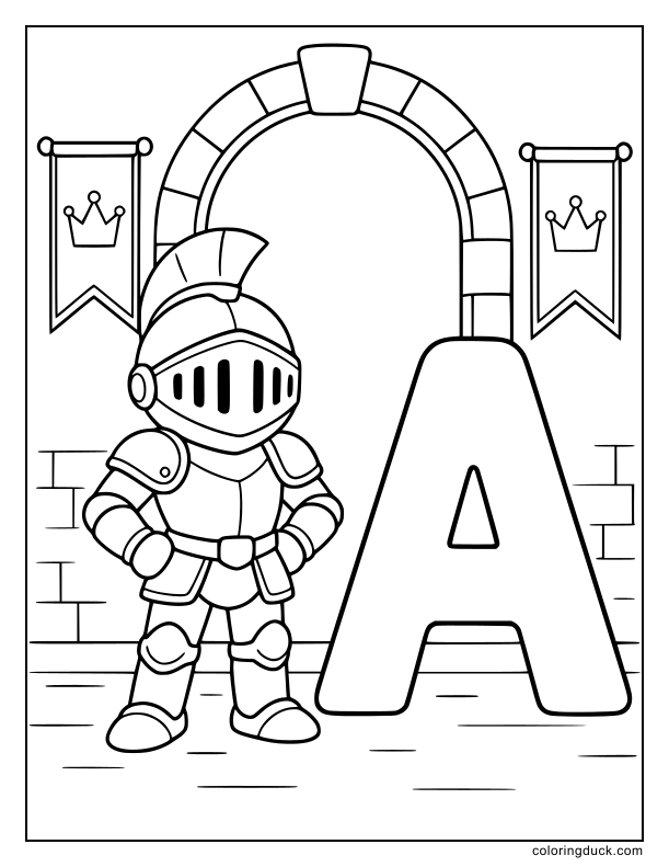 Knight helmet and shield decorated with a large bold letter A.