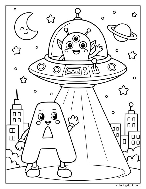Inside a glowing spaceship, a cute letter A waving next to a friendly three-eyed alien.