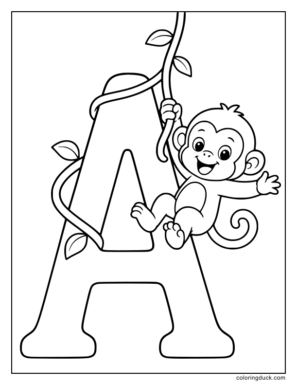 Cheerful baby ape hanging from a vine wrapped around letter A.