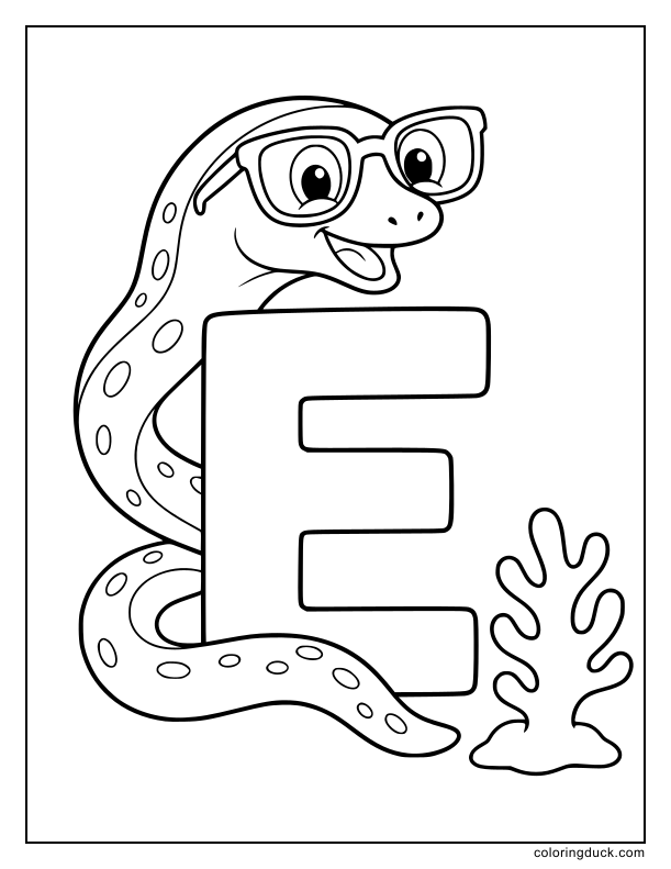 Two huge eyeglasses balanced by a swimming eel around a block letter E.