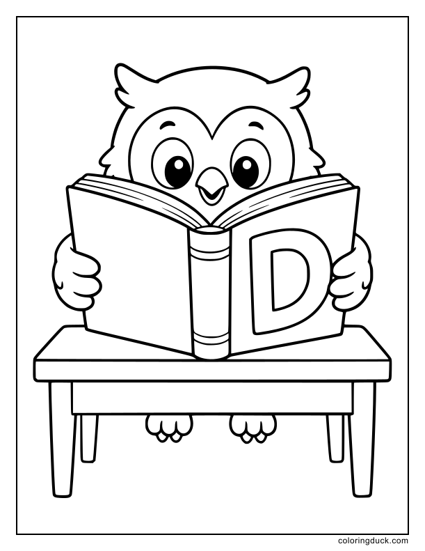 Smart owl reading a giant open book with a big letter D on the shiny cover.