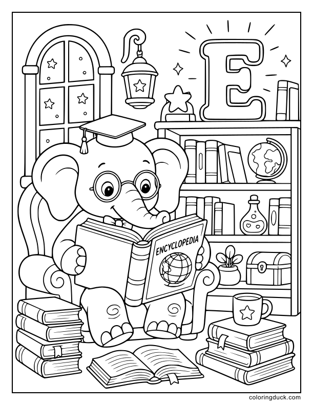 Wise little elephant sitting on a rug reading a thick encyclopedia under a glowing letter E.