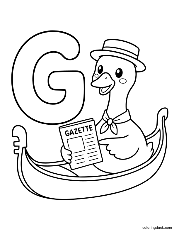 Cute goose pointing at a gazette newspaper while riding in a gondola with a G.