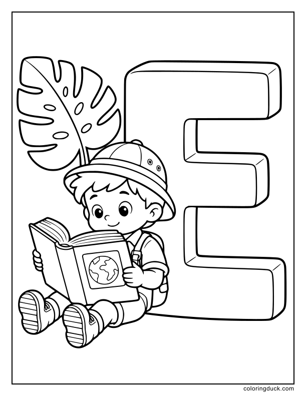 Deep inside the jungle, an explorer reads a big encyclopedia leaning on a massive letter E.