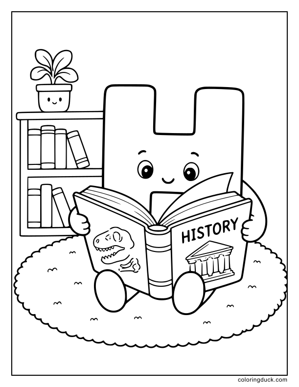 Quiet letter H sitting on a soft rug flipping through the pages of a large history book.