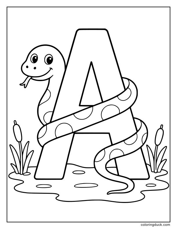Friendly snake wrapped smoothly around the legs of letter A.