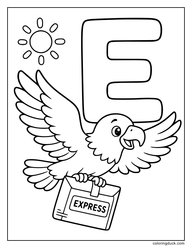 One majestic eagle flying with express mail past a giant floating letter E.