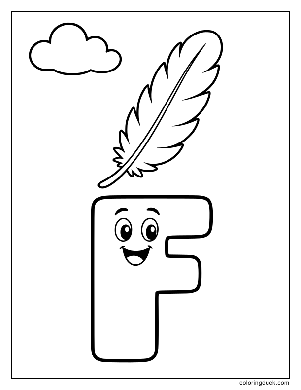 Fluffy feather drifting gently down toward a happy letter F.