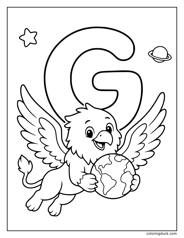 Smiling griffin exploring the galaxy while holding a toy globe by a G.