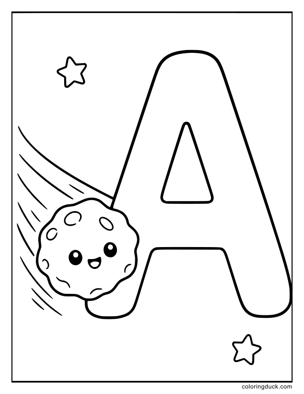 Bumpy space rock zooming past a massive letter A in the cosmos.