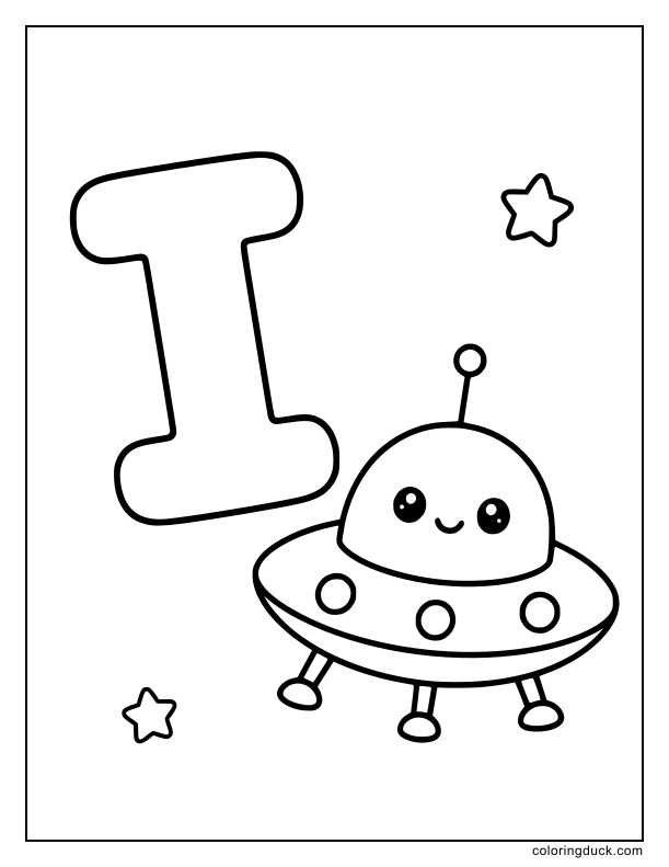 Round spaceship soaring past a big floating letter I amidst tiny stars.