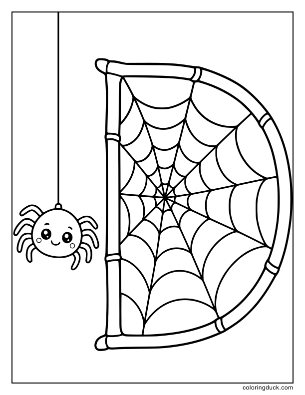 Friendly spider spinning a web that perfectly shapes into the uppercase letter D.