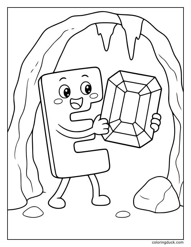 Excited letter E holding a glowing, faceted emerald gem.