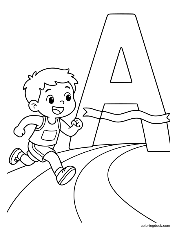 Smiling runner dashing past a massive letter A finish line.