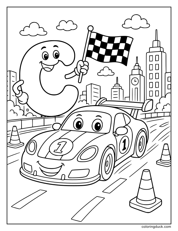 Racing car zooming past a big letter C on a city track with checkered flags.