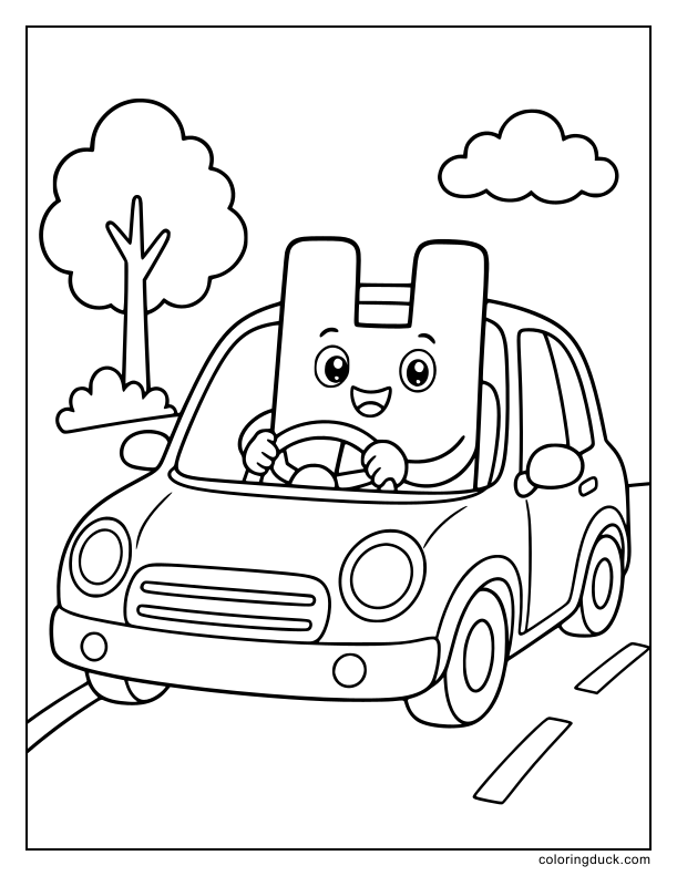 Cheerful letter H steering a cute little hatchback car down the road.